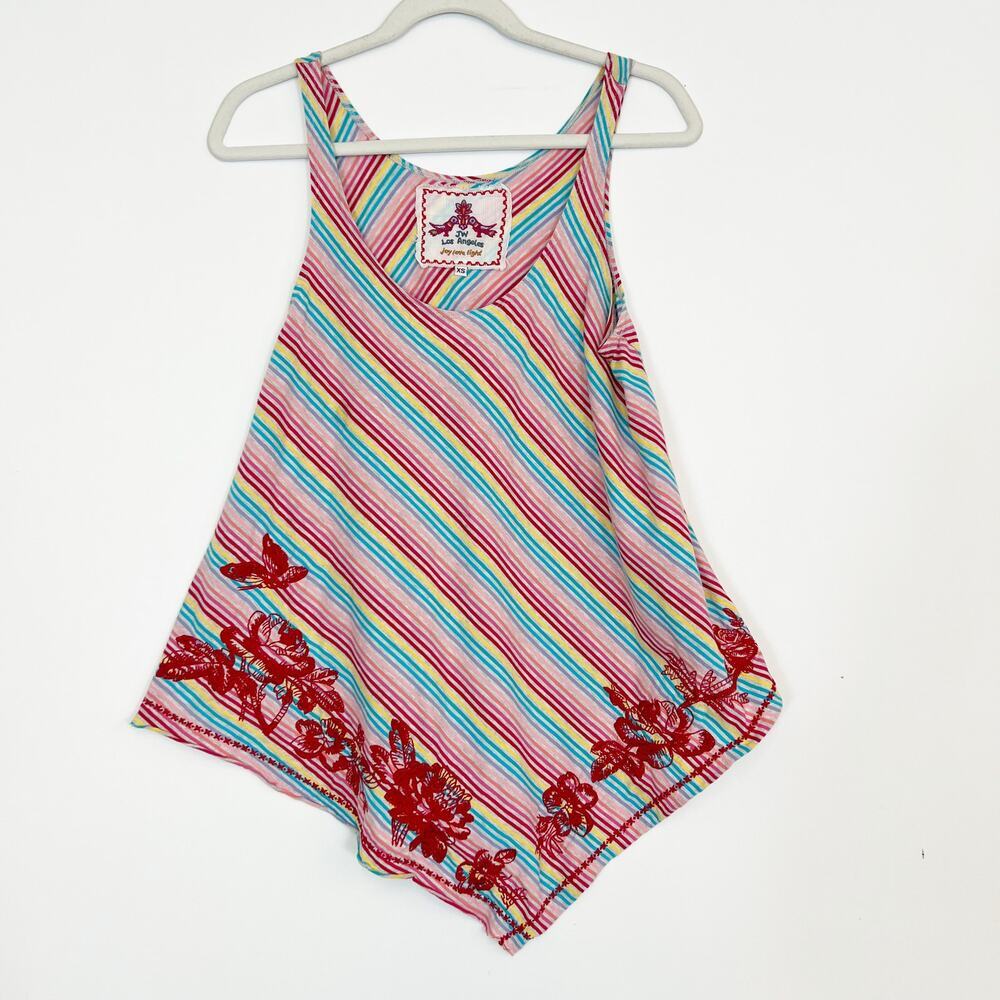 Johnny Was Embroidered Rainbow Stripe Tank Top Asymmetrical Hemline Women's XS
